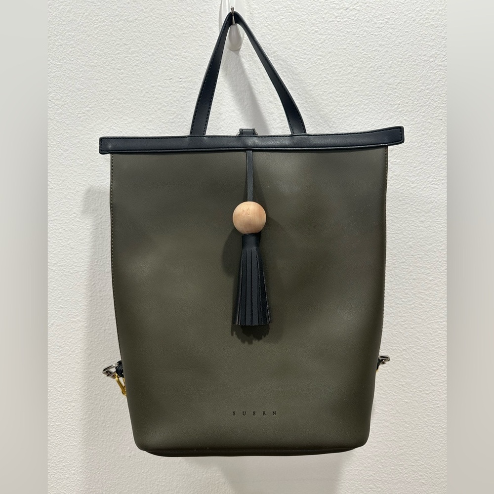 Susen Dubai Olive Green Tote Bag backpack with Black Accents Tassel